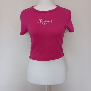 VINTAGE y2k pink guess taylor embroidered crop top baby tee